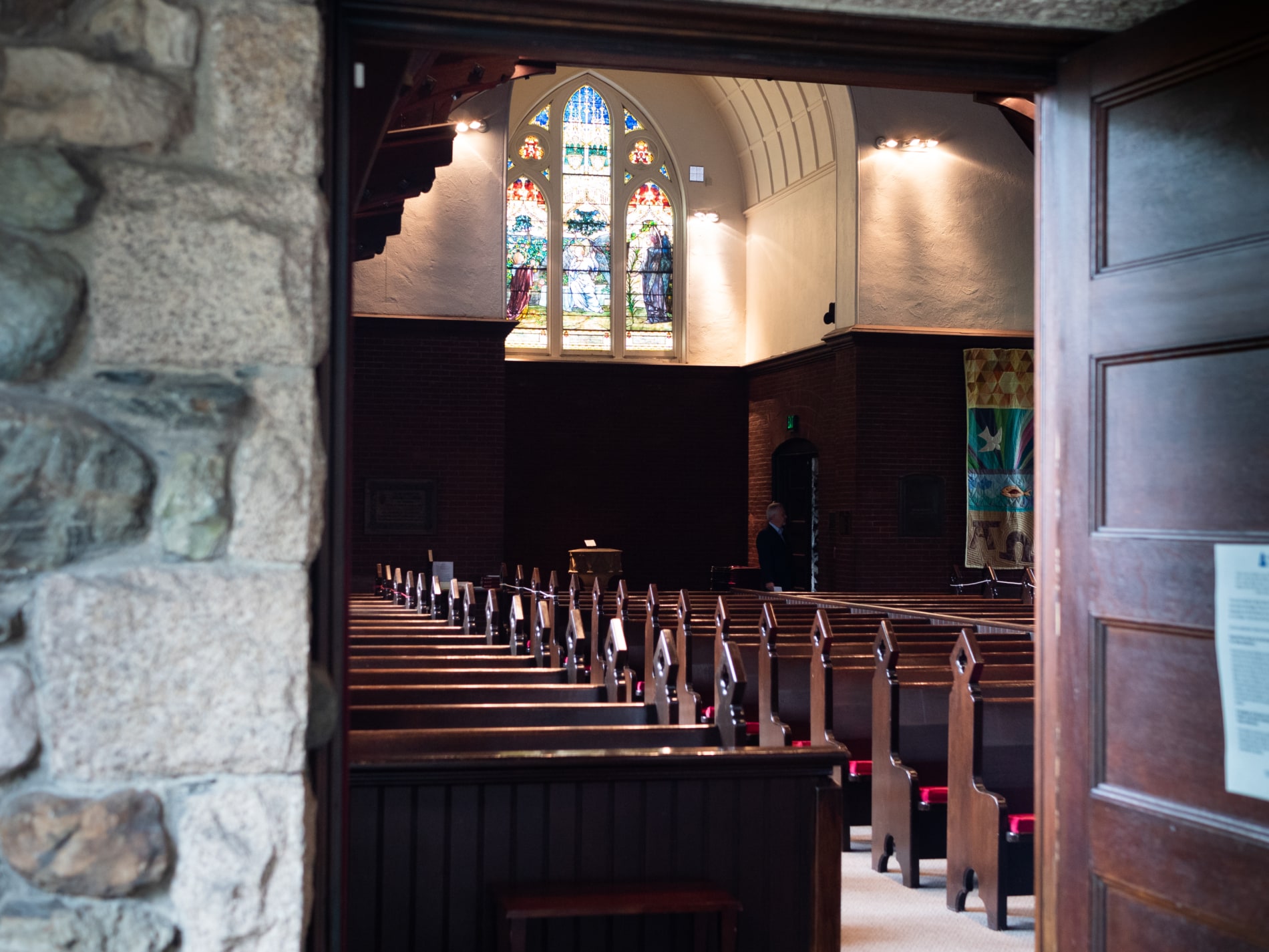 A view from an open door into the sanctuary